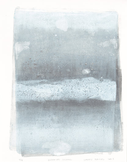 Detailed view of Endemicos Cozumel monoprint by Carrie Bergey, featuring soft blue gradients and subtle surface textures.