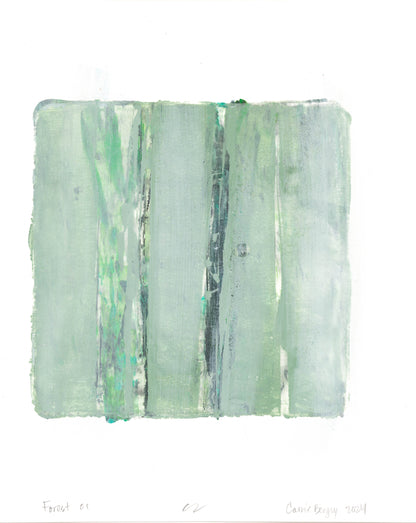 Forest 01 from Carrie Bergey's Forest Original Fine Art Monoprint Triptych Collection, featuring layered green and gray vertical strokes evoking tranquil woodland scenes.