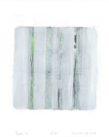 Forest 02 from Carrie Bergey's Forest Original Fine Art Monoprint Triptych Collection, showcasing pale gray vertical lines with subtle green accents for a calming forest aesthetic.