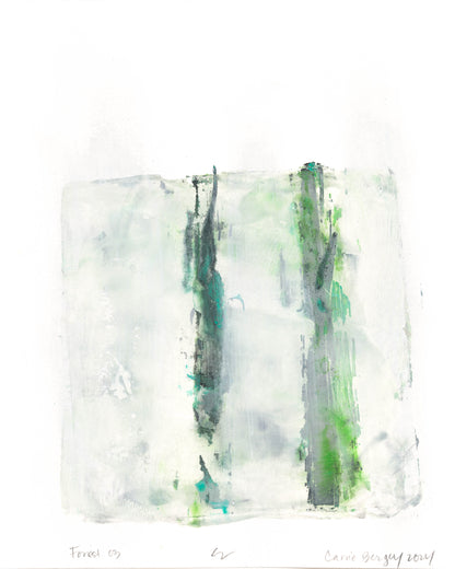 Forest 03 from the Forest Original Fine Art Monoprint Triptych Collection by Carrie Bergey, with soft white and green tones suggesting misty forest depth and texture.