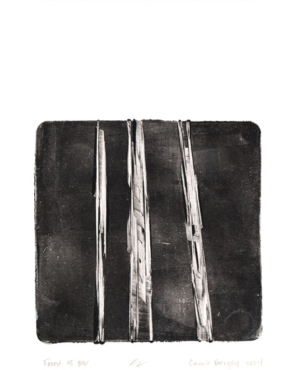 Forest 05 BW from the Original Fine Art Monoprint Diptych Collection by Carrie Bergey, featuring abstract vertical lines in black and white.