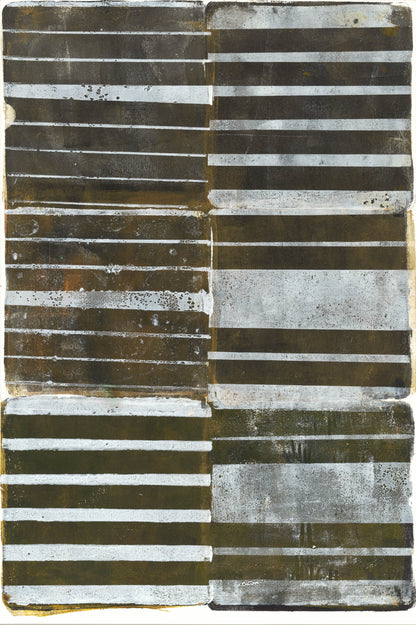 Glam Original Fine Art Monoprint by Carrie Bergey features bold horizontal stripes in gold and gray tones, adding modern sophistication to any decor.