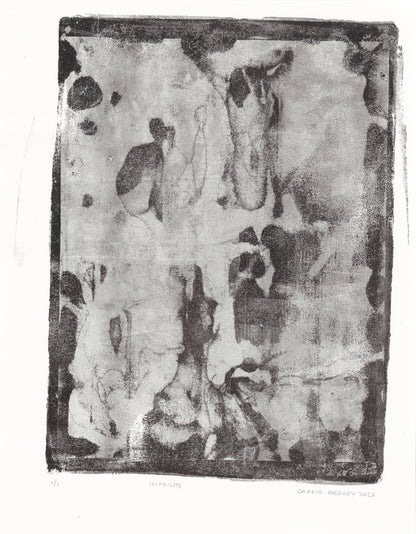 Imprints Original Fine Art Monoprint by Carrie Bergey displays a unique abstract composition with natural forms and monochrome contrasts.