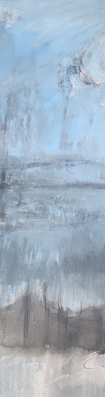 Close-up of Incoate Play Original Fine Art Painting by Carrie Bergey highlighting textured brushstrokes and abstract layering in blue and gray tones.