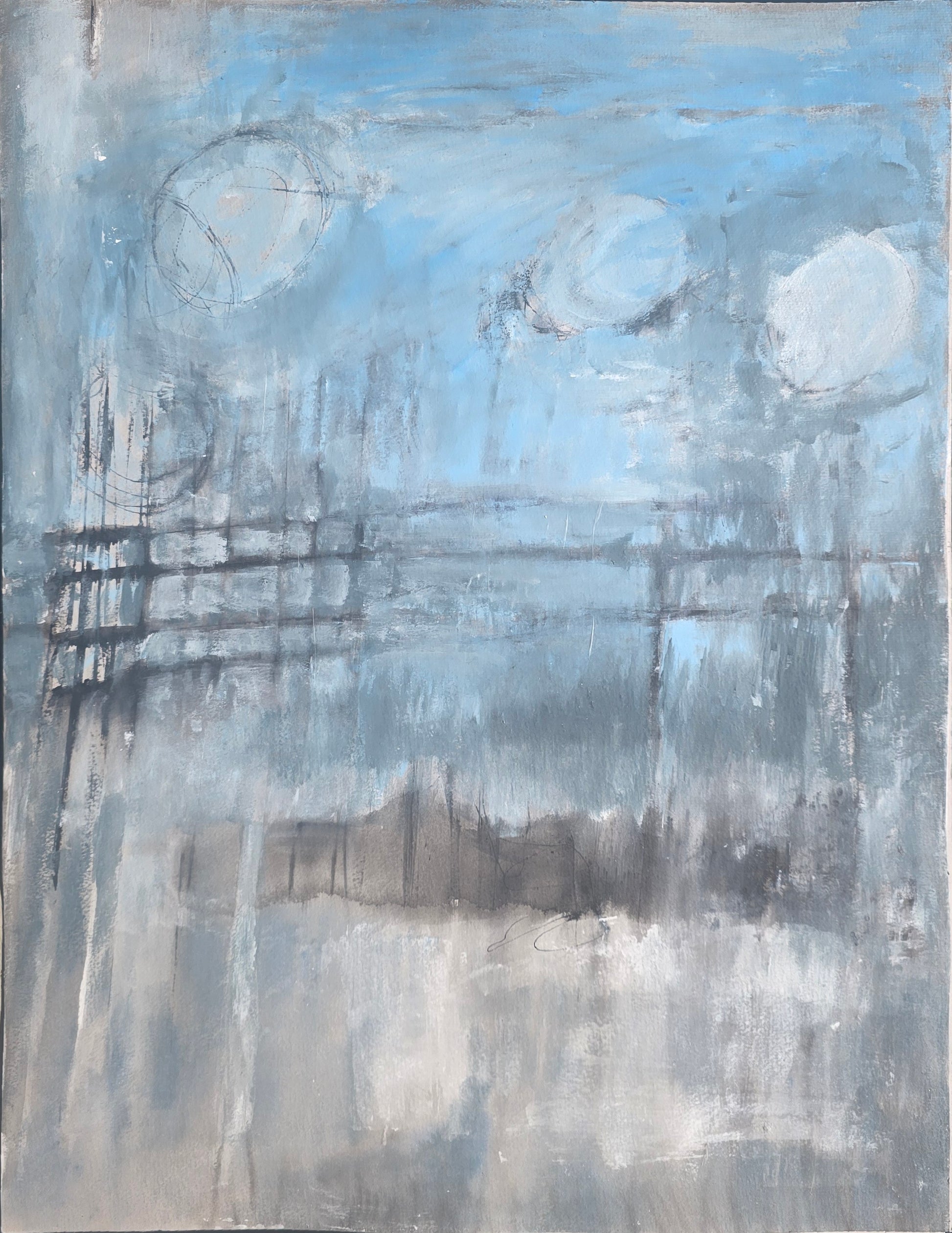 Incoate Play Original Fine Art Painting by Carrie Bergey features abstract blue and gray tones with layered textures in acrylic gouache on paper.