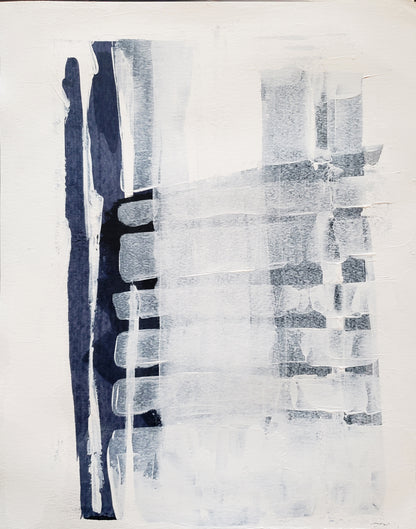 Modern abstract artwork from the Independence Hexaptych Collection by Carrie Bergey, with layered vertical strokes in navy and white for a bold visual statement.