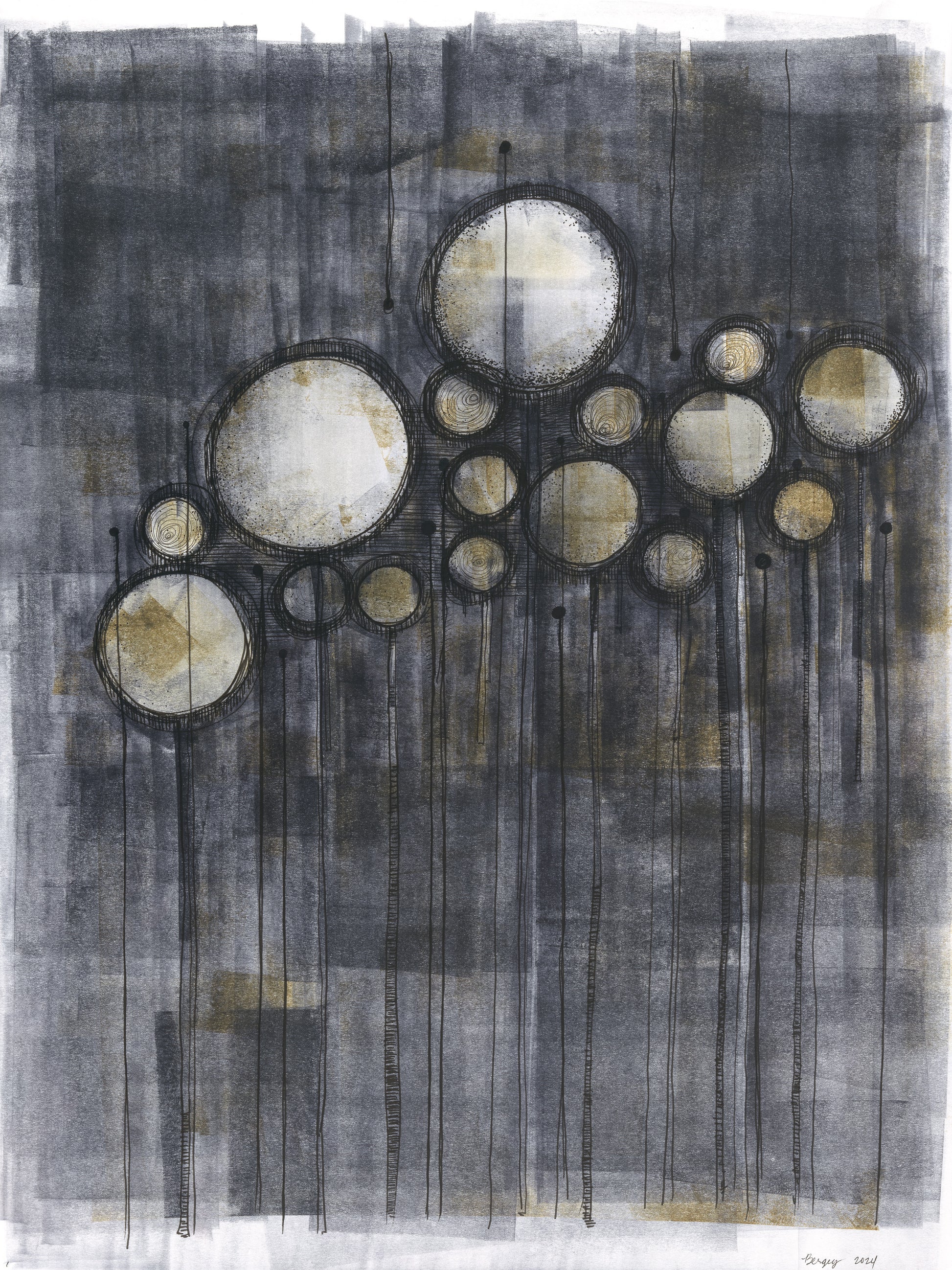 Abstract composition in Ink on Paper_01 Original Fine Art Painting by Carrie Bergey, blending gold, black, and white tones for contemporary wall art.