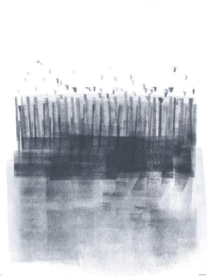 Repetition of vertical grayscale strokes with dotted accents from Ink on Paper 17-22 Original Fine Art Painting Hexaptych Collection, abstract nature theme.