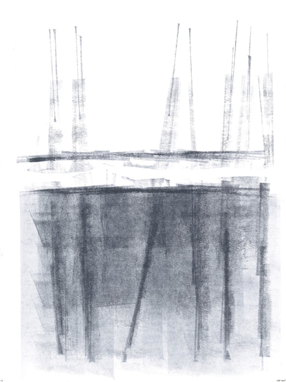 Vertical abstract ink lines in grayscale from Ink on Paper 17-22 Original Fine Art Painting Hexaptych Collection, evoking architectural silhouettes.