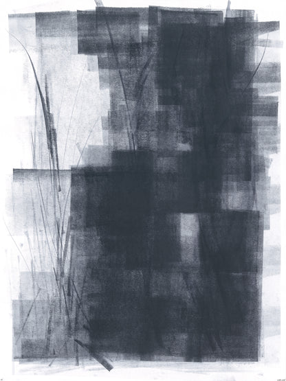 Ink on Paper 14 Original Painting - Art by Carrie Bergey features layered black ink blocks with delicate vertical lines, evoking natural forms. Ideal for modern home decor in the Artwork category.