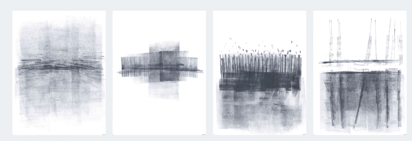 Four-panel layout of Ink on Paper 17-22 Original Fine Art Painting Hexaptych Collection, showcasing minimalist abstract ink compositions.