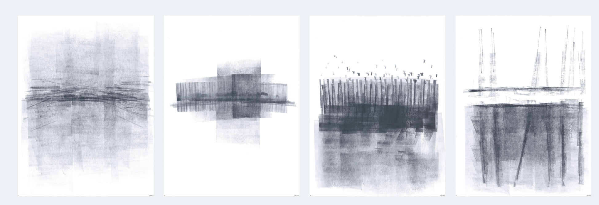Four-panel layout of Ink on Paper 17-22 Original Fine Art Painting Hexaptych Collection, showcasing minimalist abstract ink compositions.