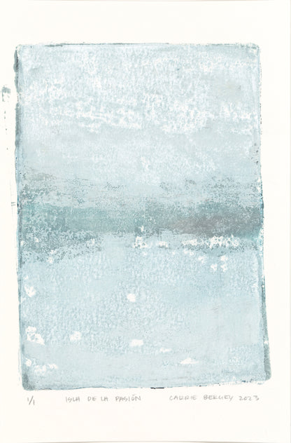 Close-up of pastel blue Isla De La Pasion monoprint by Carrie Bergey, highlighting fine art texture and minimalist design.