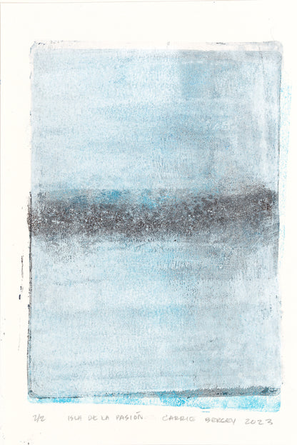 Abstract Isla De La Pasion monoprint in soft blue and gray by Carrie Bergey, part of a collectible fine art print series.