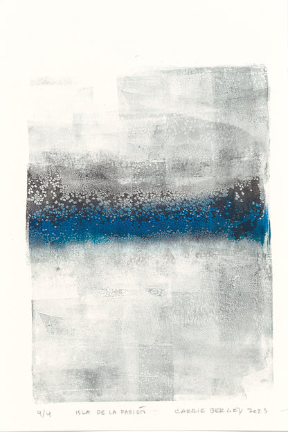 Carrie Bergey's Isla De La Pasion monoprint with bold blue stripe and white overlay, ideal for modern abstract art lovers.