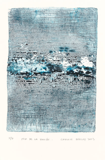 Isla De La Pasion-07 Original Fine Art Monoprint by Carrie Bergey features abstract blue and black acrylic textures on paper. Ideal for modern home decor.