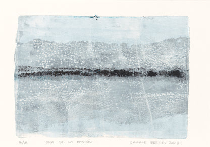 Isla De La Pasion-08 Original Fine Art Monoprint by Carrie Bergey features abstract island imagery in black, white, and blue acrylics on 6x9 paper. Ideal for modern home decor in the prints category.