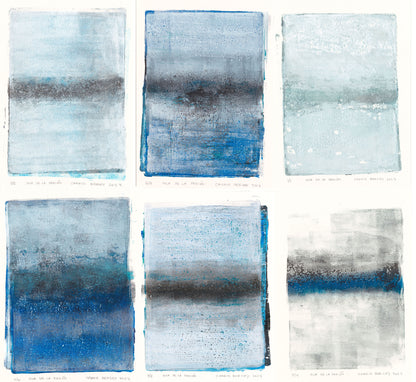 Complete Isla De La Pasion hexaptych monoprint series by Carrie Bergey, showcasing six abstract prints with oceanic color gradients.