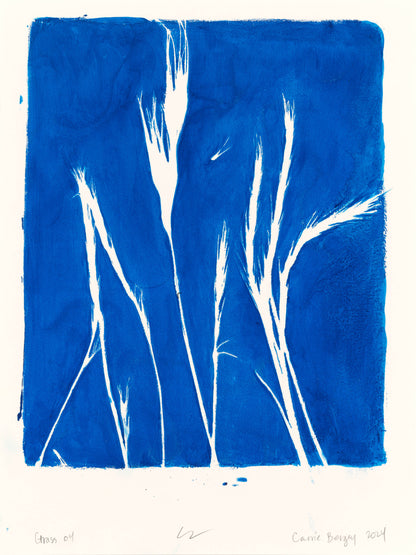 Lobos Grass 04 Original Monoprint - Art by Carrie Bergey features abstract white grass silhouettes on a vivid blue background. Ideal for modern home decor.