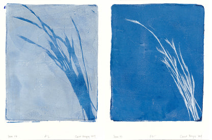 Carrie Bergey coastal monoprint artwork diptych featuring abstract grass silhouettes in blue tones, ideal for serene home decor settings.