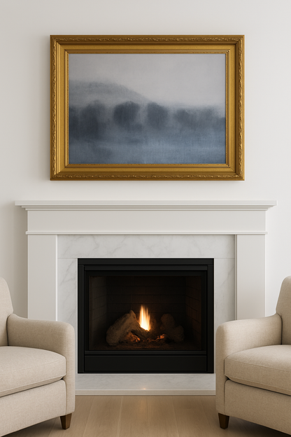 Framed in ornate gold, Carrie Bergey's Lobos Valley and Karl's Cloak at Sunset painting adds elegance to a neutral-toned fireplace setting.