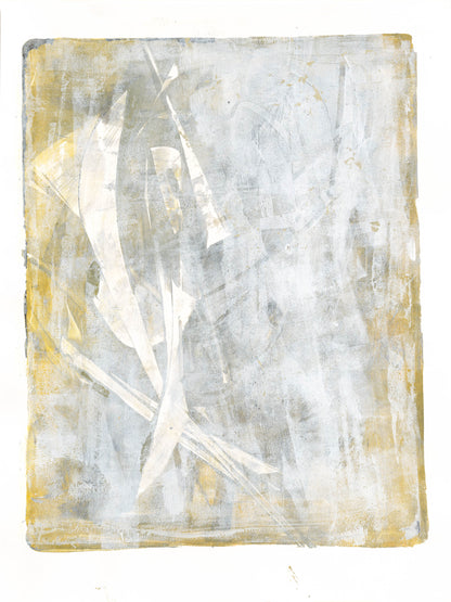 Lobos Overlook 04 Monoprint Painting - Art by Carrie Bergey features abstract coastal tones in soft grays and golds. Ideal for serene home decor.