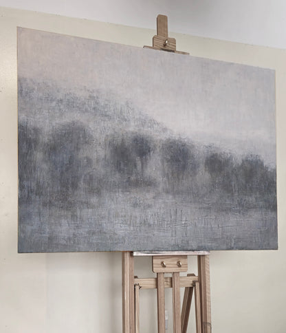 Lobos Valley and Karl's Cloak at Sunset oil painting by Carrie Bergey on an easel, showcasing textured brushwork and atmospheric depth.