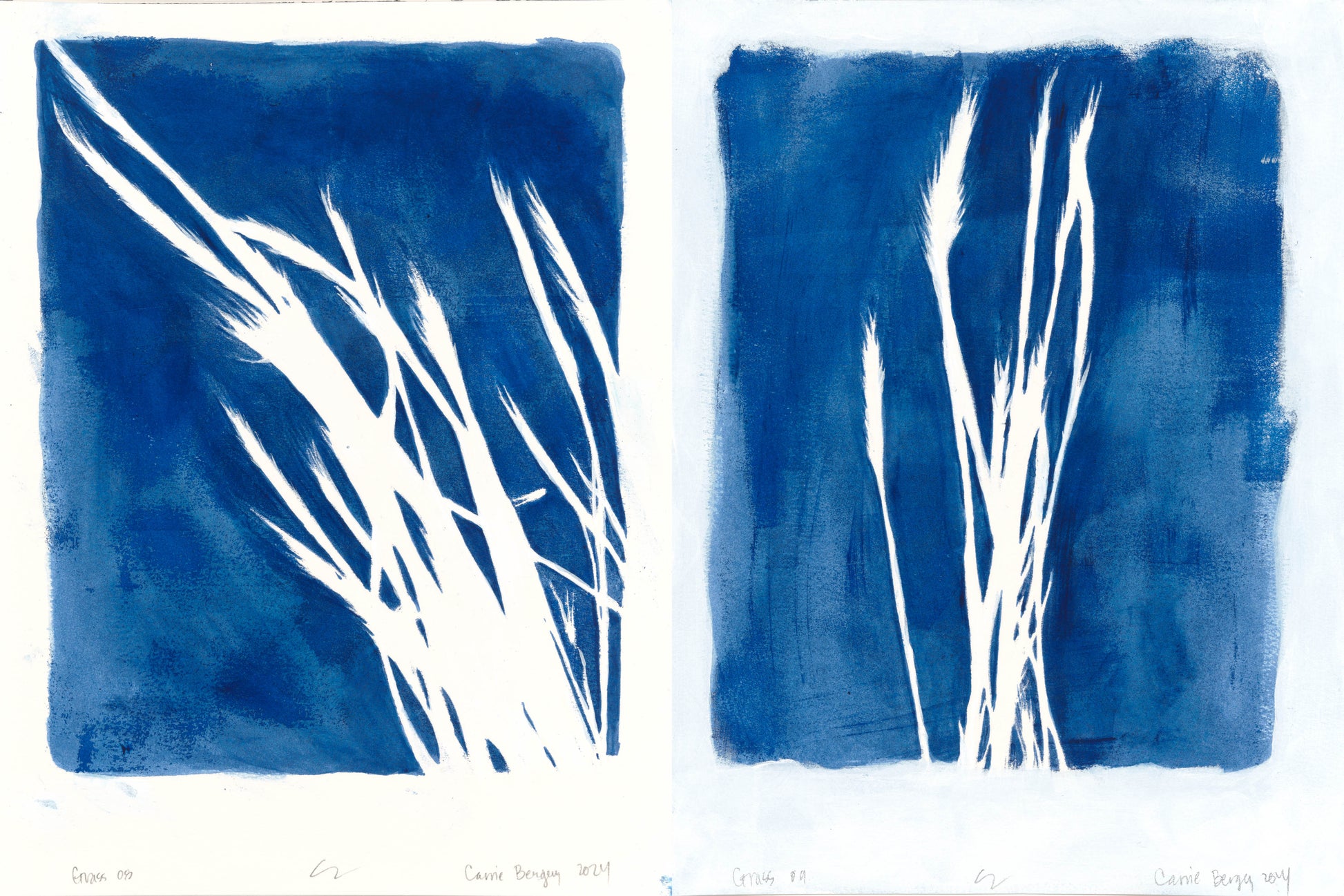 Lobos Grass 08-09 diptych by Carrie Bergey, original fine art monoprint set with organic white grass shapes on rich blue backgrounds. Perfect for gallery walls.