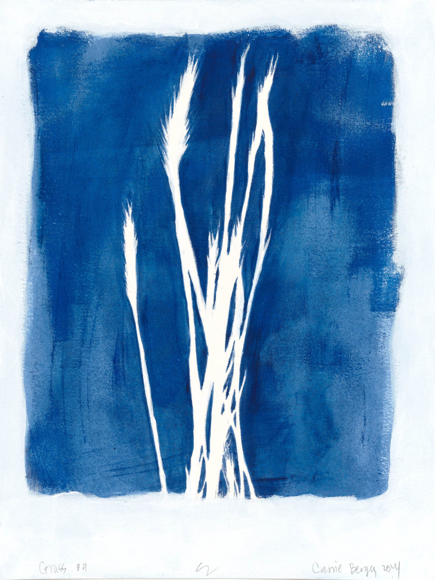 Lobos Grass 08 by Carrie Bergey, original monoprint artwork with vertical white grass forms on a bold blue canvas. A serene addition to any art collection.