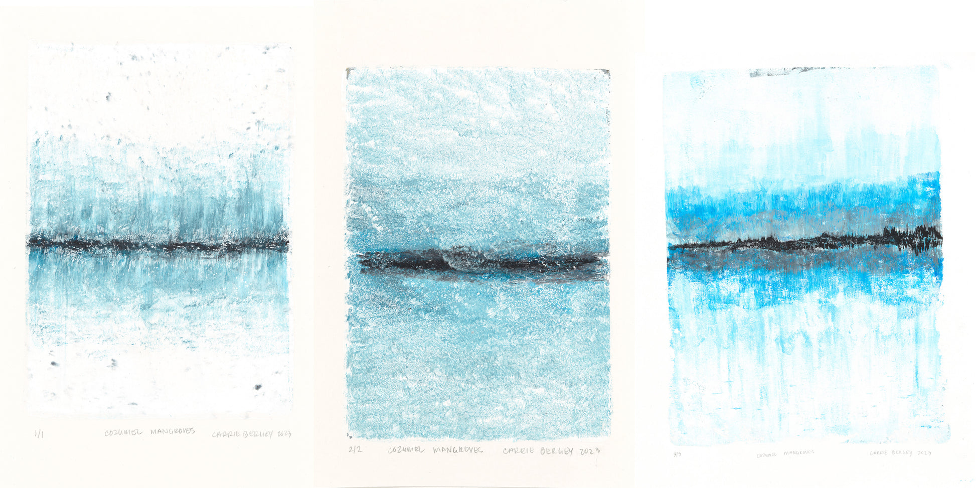 Mangroves 01-02-03 Original Fine Art Monoprint Triptych Collection by Carrie Bergey displays three abstract prints inspired by mangrove ecosystems.