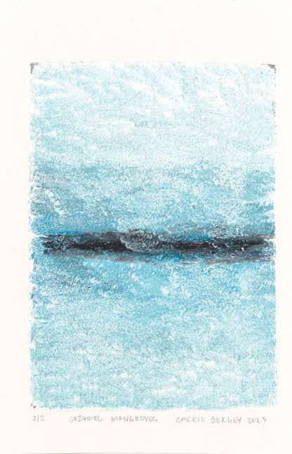 Mangroves 02 monoprint by Carrie Bergey captures the textured surface of water with a central dark line, symbolizing mangrove roots.