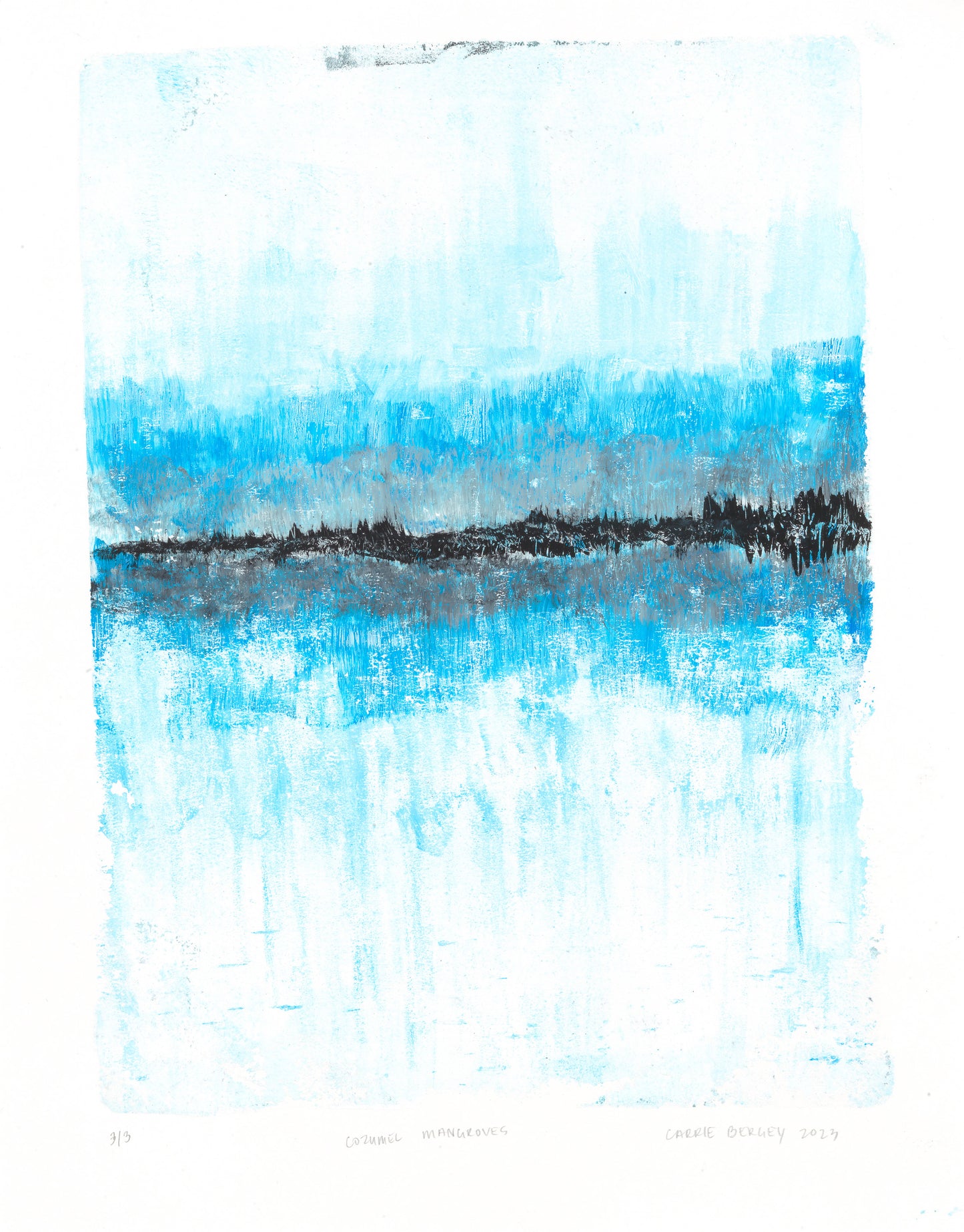 Mangroves 03 monoprint by Carrie Bergey blends vibrant blue and black brushstrokes to depict a stylized mangrove shoreline.