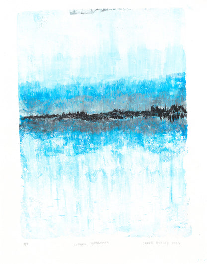 Mangroves 03 monoprint by Carrie Bergey blends vibrant blue and black brushstrokes to depict a stylized mangrove shoreline.