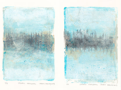 Mangroves 04-05 Original Fine Art Monoprint Diptych Collection by Carrie Bergey, a side-by-side display of abstract mangrove landscapes in blue hues.