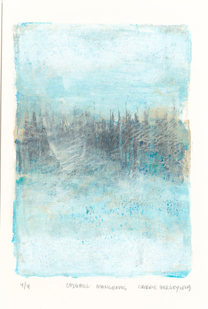 Mangroves 04 monoprint from the Original Fine Art Diptych Collection, featuring tranquil blue tones and abstract mangrove forms by Carrie Bergey.