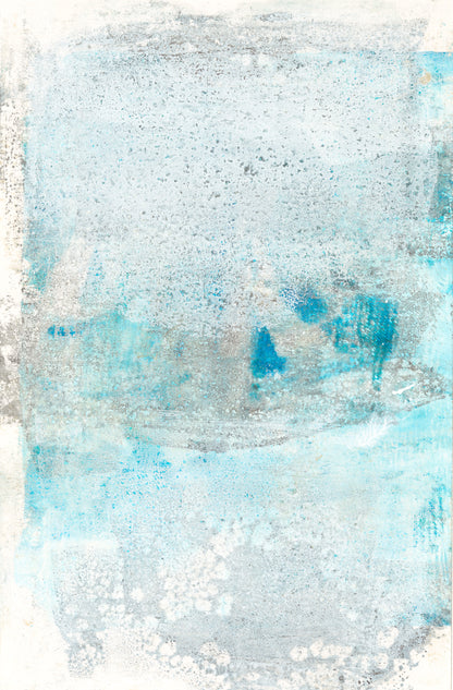 Close-up of right panel from Mesas 03-04 Diptych by Carrie Bergey. Abstract monoprint with soft blue hues and organic textures.