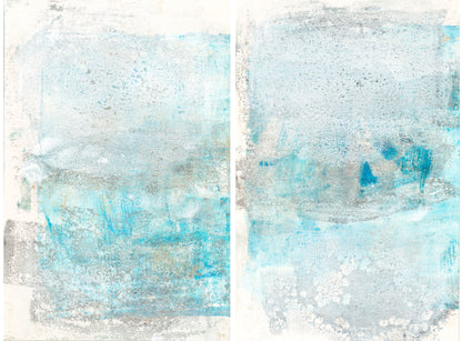 Mesas 03-04 Fine Art Monoprint Diptych by Carrie Bergey featuring abstract desert-inspired textures in soft blue and gray hues. Unique wall art set.