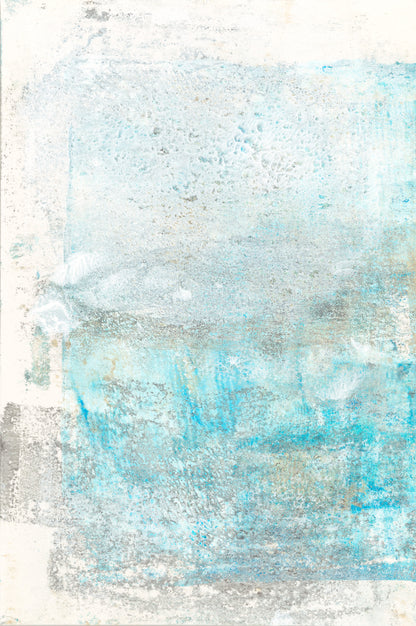 Close-up of left panel from Mesas 03-04 Diptych by Carrie Bergey. Features layered monoprint textures in muted turquoise and gray tones.
