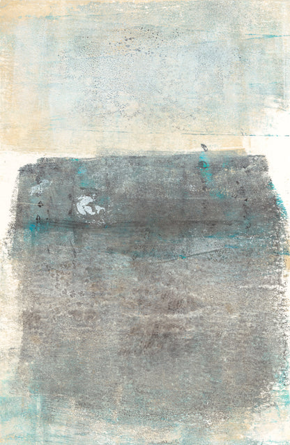 Close-up of textured gray and turquoise monoprint from Carrie Bergey's Mesas Diptych Collection, inspired by desert terrain.