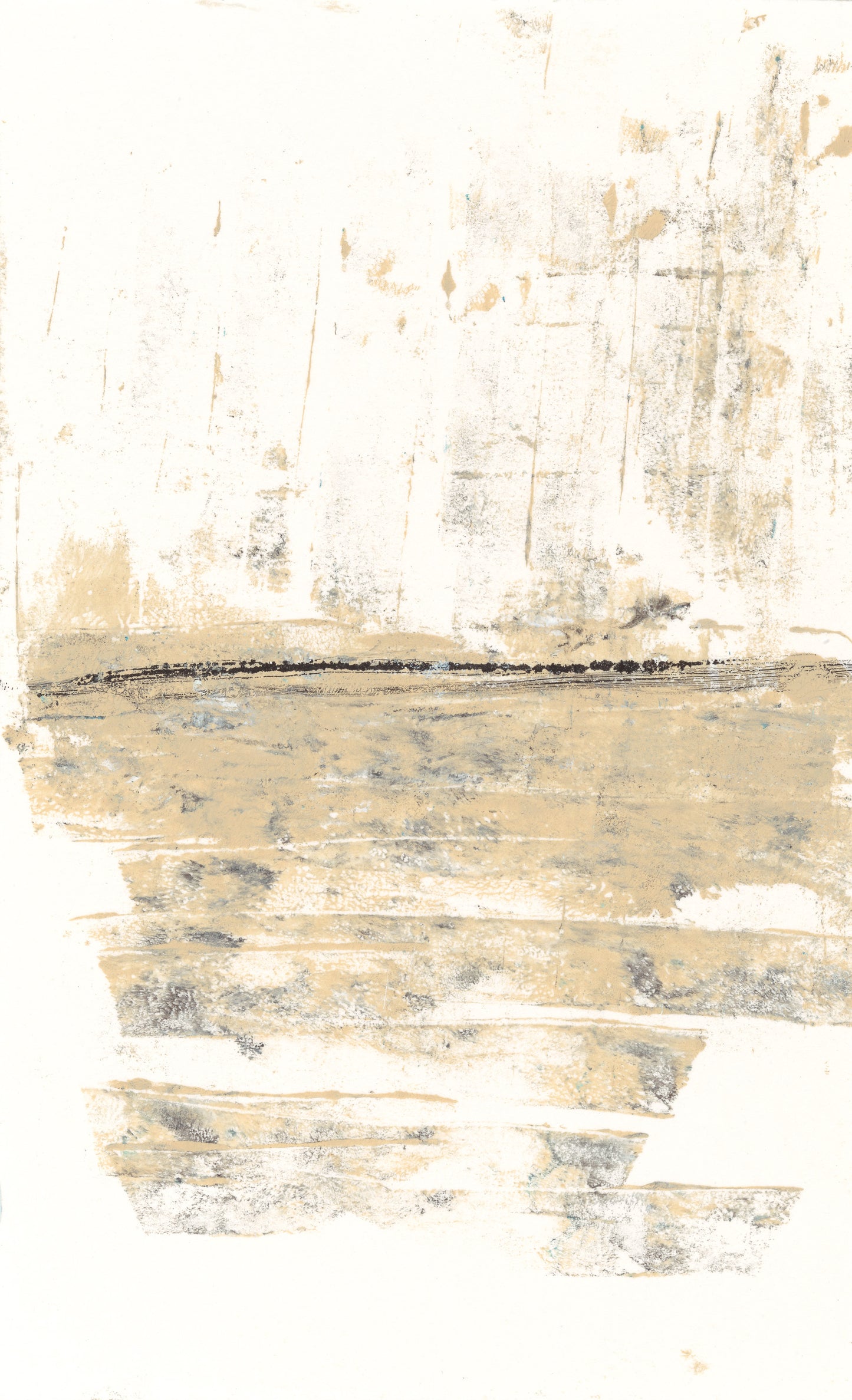 Zoomed-in Mesas 01 monoprint by Carrie Bergey, showcasing earthy abstract forms and layered textures in a desert-inspired palette.