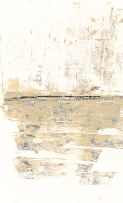 Zoomed-in Mesas 01 monoprint by Carrie Bergey, showcasing earthy abstract forms and layered textures in a desert-inspired palette.