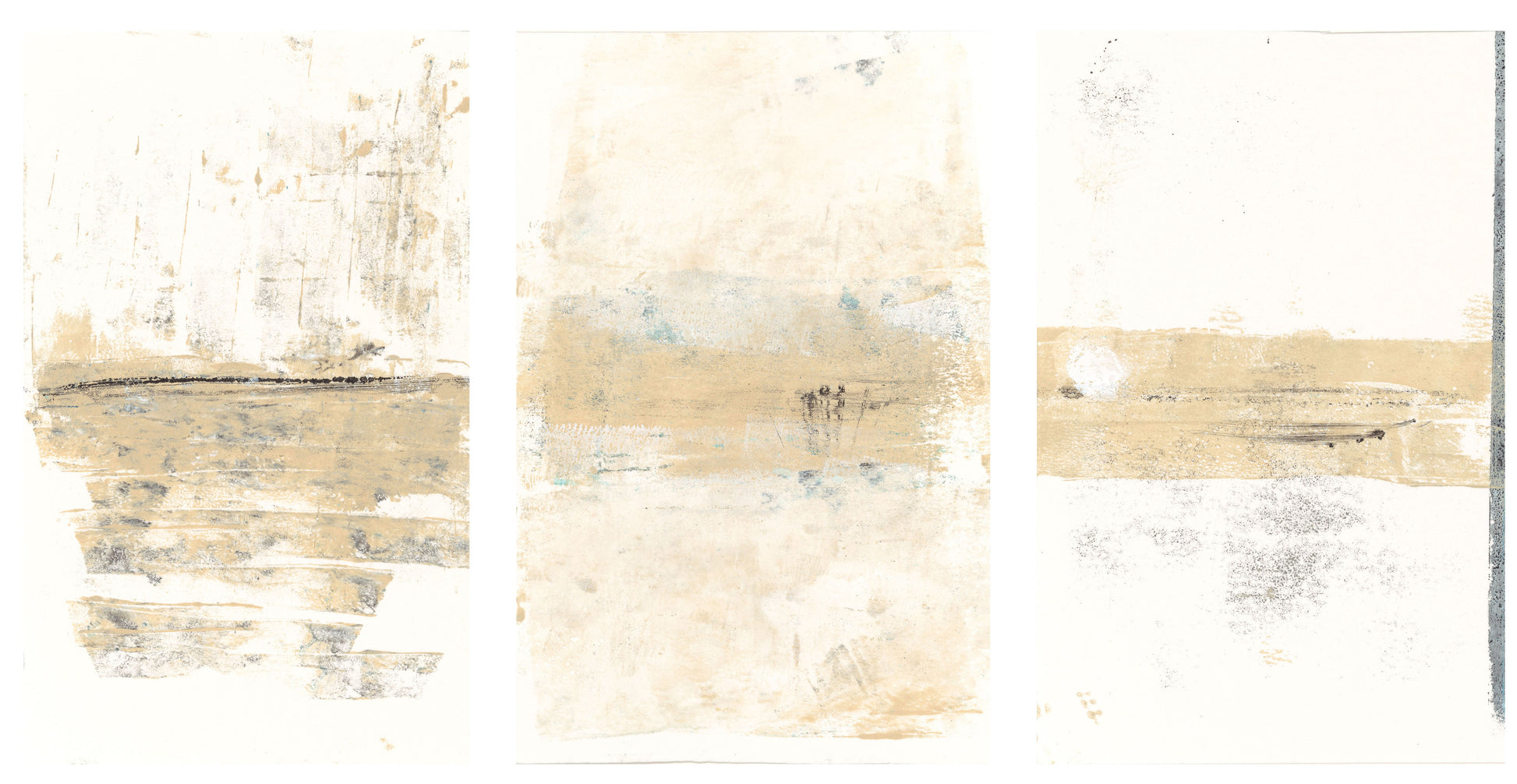 Full Mesas Original Fine Art Monoprint Triptych Collection by Carrie Bergey, featuring three abstract desert-themed prints in neutral tones.