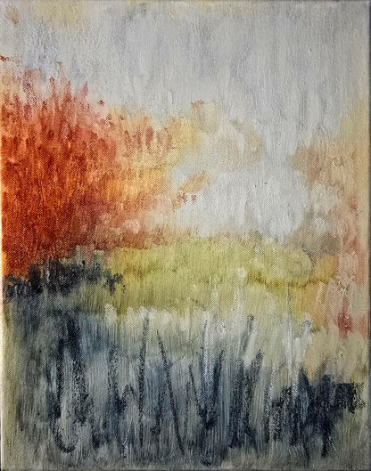 Morning Dew Original Fine Art Painting by Carrie Bergey features abstract brushstrokes in orange, green, and gray tones, evoking a tranquil dawn scene.