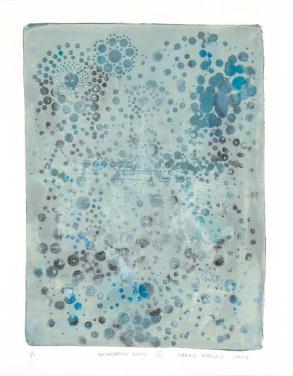 Neuropathic Gems Original Fine Art Monoprint by Carrie Bergey features abstract blue and black circular patterns on a muted gray background. This unique painting adds a modern, cerebral touch to home decor in the artwork category.
