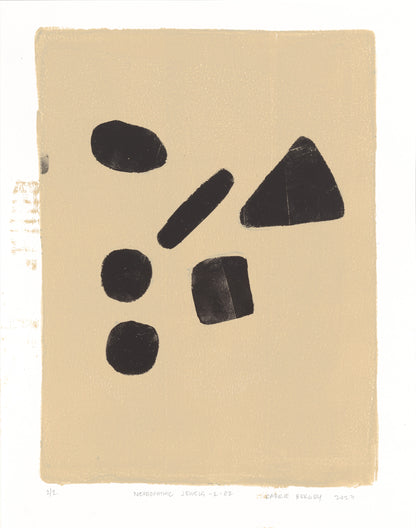 Neuropathic Jewels-L-02 by Carrie Bergey, abstract monoprint with scattered black forms on a muted beige background.