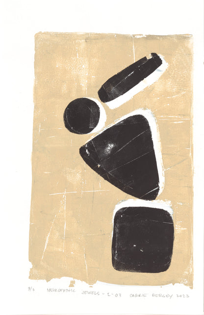 Close-up of Neuropathic Jewels-L-03 by Carrie Bergey, a monoprint with stacked black shapes on a beige backdrop.