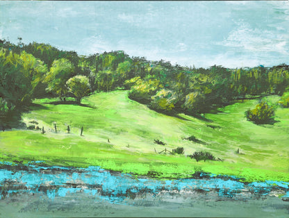Olompali State Historic Park US-101 original fine art painting by Carrie Bergey featuring lush green hills, trees, and a reflective water body in gouache and acrylic.