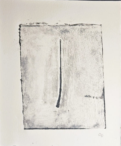 Single abstract monoprint from 'Pine Needles - Becoming' series by Carrie Bergey, grayscale pine needle form on textured white background.