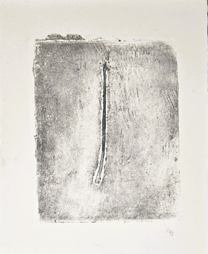 Original fine art monoprint from Carrie Bergey's 'Pine Needles - Becoming' series, featuring a vertical pine needle in soft grayscale tones.