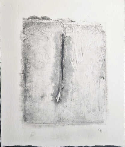 Textured grayscale monoprint from 'Pine Needles - Becoming' by Carrie Bergey, showcasing a single pine needle in abstract minimalist style.